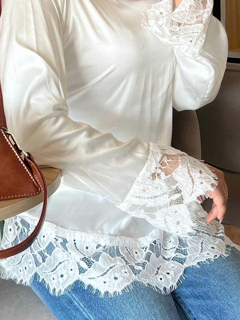 Lace Trim Satin Blouse – White