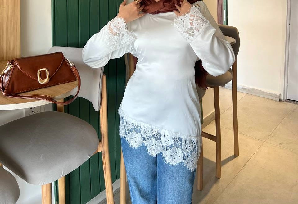 Lace Trim Satin Blouse – White